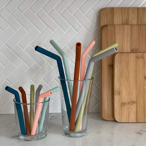 Simka Rose Reusable Silicone Straw - Thick, Wide and Flexible - Perfect for Smoothie or Coffee Tumbler - Multicolor - Set of 6 (Bent 10 Inch)