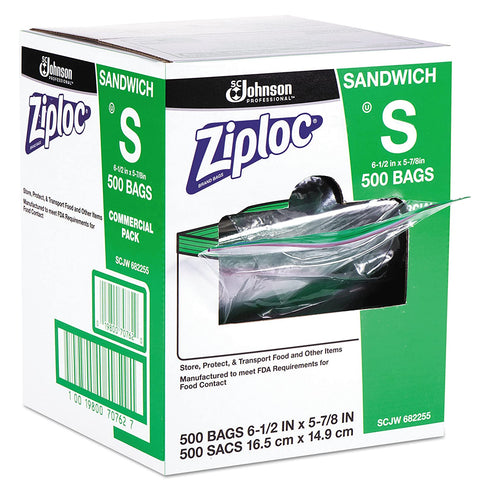Ziploc 682255 Resealable Sandwich Bags, 1.2mil, 6 1/2 x 6, Clear, Box of 500