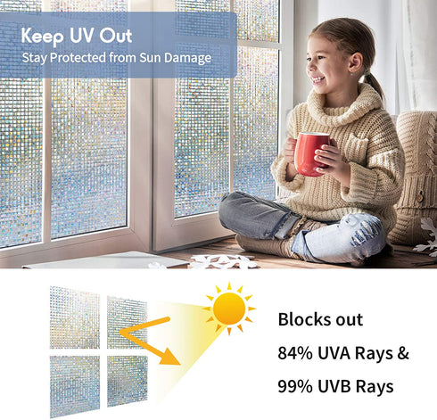 rabbitgoo Stained Glass Privacy Window Film, Mosaic Pattern Static Cling Decorative Window Vinyl, Removable Rainbow Window Tint Film, Non-Adhesive Iridescent Films for Home Office, 17.5 x 118 inches
