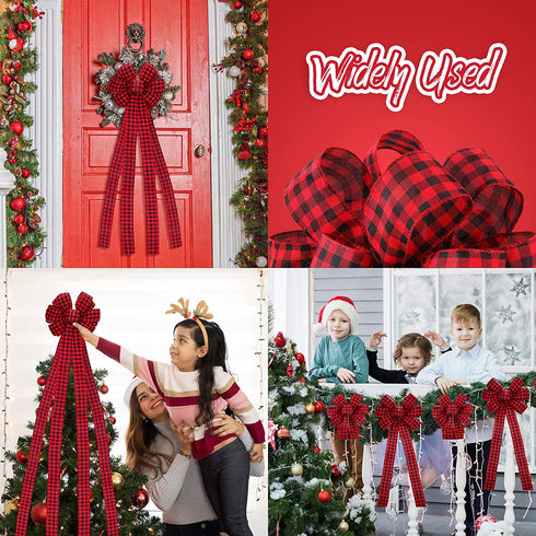 Buffalo Plaid Bow Christmas Buffalo Plaid Wreath Bow Tree Bow Xmas Tree Topper Hat with Card Christmas Tree Top Ornaments for Christmas Tree Front Door Wreath Xmas Decor (Black and Red)