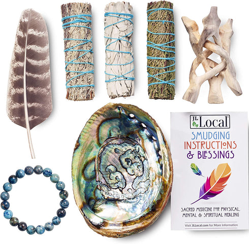 3 Sage Smudging Kit - White Sage, Blue Sage & Cedar | Smudge Kit with Abalone Shell, Stand, Instructions, Blessings & Blue Agate Bracelet (White, Blue & Cedar)