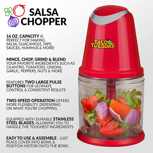 Taco Tuesday 2-Speed Chopper, Perfect For Salsa, Guacamole, Dip, Sauces, Hummus, Stainless Steel Blades, 2-Cup Capacity, Red