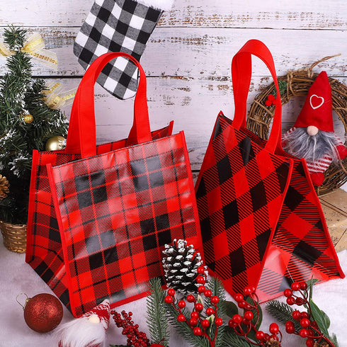 Aneco 12 Pieces Red and Black Plaid Non-Woven Bags Christmas Party Treat Bags Gift Tote Bags 9.8 x 7.9 x 9.8 Inch for Party Favors