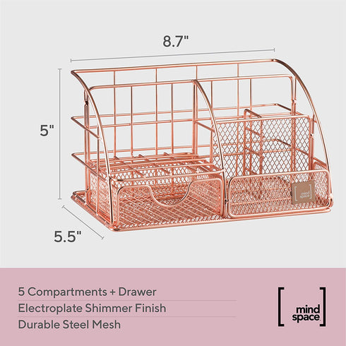 Rose Gold Desk Accessories, Desk Organizer & Office Decor for Women, Office Supplies Pen Holder | Paper & Binder Clips Included - Features 5 Compartments + Drawer | The Wire Collection