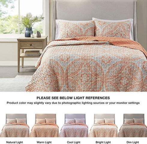 Comfort Spaces Reversible Quilt Set-Vermicelli Stitching Design All Season, Lightweight, Coverlet Bedspread Bedding, Matching Shams, Full/Queen (90 in x 90 in) Gloria, Damask Coral 3 Piece