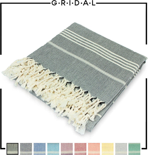 GRIDAL Tabby Turkish Towel (Peshtemal) Natural & Vegan Bath Towel & Striped Beach Towel 100% Cotton - 66x38 | at: Beach, Bath, Gym, Pool, Sauna, Travel, Spa | as: Wrap, Shawl, Throw (Black)