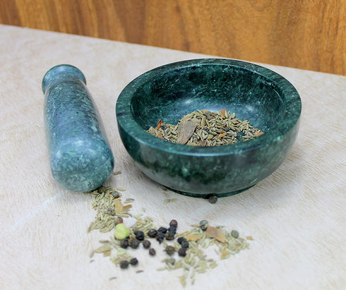 KLEO 4" Diameter Natural Stone Mortar and Pestle Set as Spice Grinder, Medicine Masher - Okhli and Musal (Green Shallow)