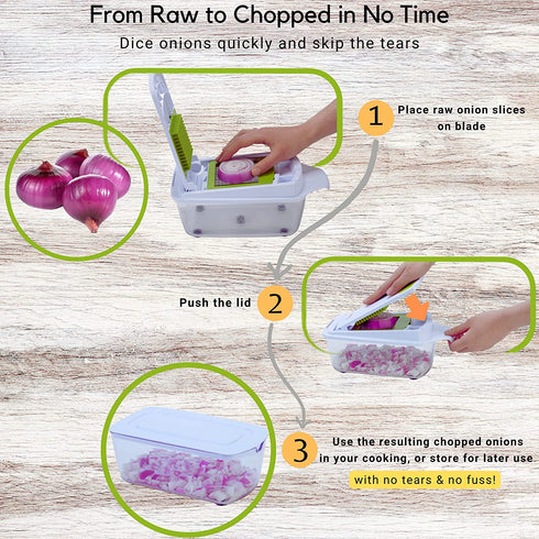 Brieftons QuickPush Food Chopper: Strongest & 200% More Container Capacity, 30% Heavier Duty, Kitchen Vegetable Fruit Dicer, Onion Tomato Potato Fries Cutter, with 3 Dicing Blades & Keep-Fresh Lid