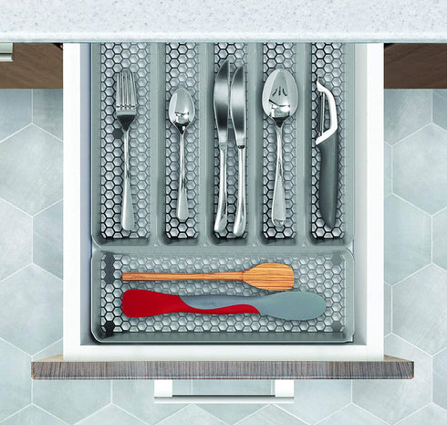 Spectrum Diversified Hexa 6-Divider Silverware Buildup-Resistant Drawer Organizer & Utensil Holder with Locking Expandable Wings, Easy-to-Clean Modern Kitchen Storage & Cutlery Tray, Stone Gray