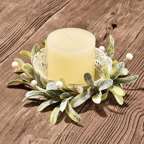 Feirui Pillar Candle Rings Set of 3, Frosted Mistletoe Wreaths with Pearl Accents,Christmas Holiday Parties and Home Decor