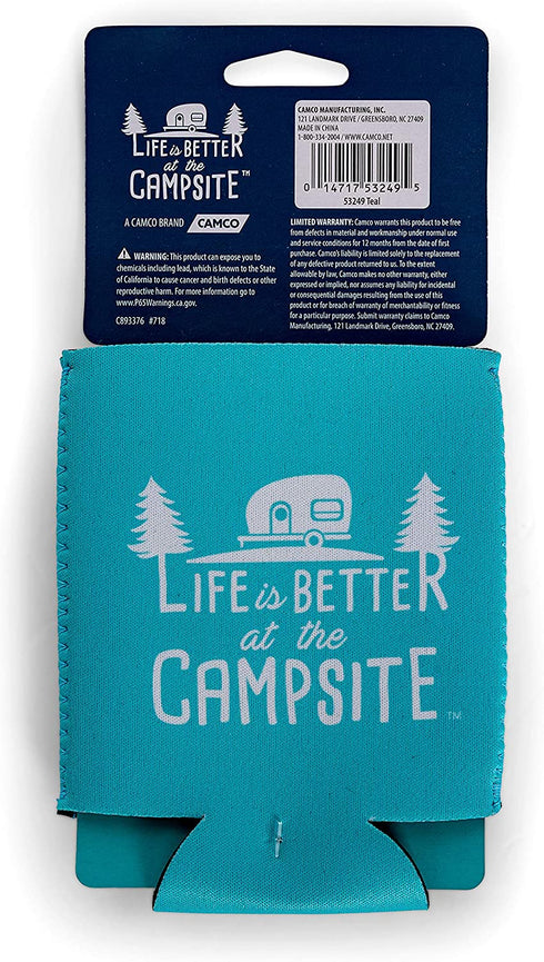 Camco Life is Better at The Campsite Can Sleeve Neoprene Soda or Beer Can Coolie, Fits 12 oz. Cans, Teal Blue and White Retro Camper Theme (53249)