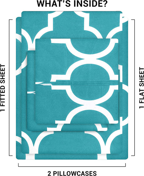 Utopia Bedding Printed Queen Sheet Set - 1 Fitted Sheet, 1 Flat Sheet and 2 Pillowcases - Soft Brushed Microfiber Fabric - Shrinkage and Fade Resistant (Queen, Aqua Quatrefoil with White Pattern)