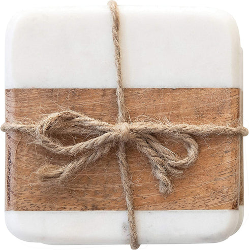 Creative Co-Op Marble & Acacia Wood, White & Natural, Set of 4 Coaster, 4"