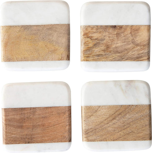 Creative Co-Op Marble & Acacia Wood, White & Natural, Set of 4 Coaster, 4"