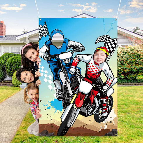 PANTIDE Motocross Photo Door Banner Backdrop Props, Large Satin Photo Background Face Photography Banner Decor Dirt Bike Theme Party Favor Supply Decorations Funny Party Games for Kids, 59 x 39 Inch