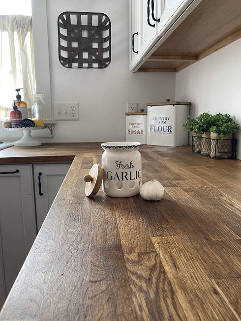 MillGar Ceramic Garlic Keeper for Counter - 4.5? x 3.5? Farmhouse & Vented Garlic Storage Container To Keep Garlic Cloves Fresher, Longer - Garlic Holder w/Bamboo Wood Lid - Dishwasher Safe