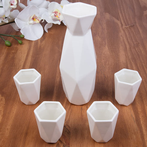 5 Piece Traditional Japanese Sake Set, 1 Tokkuri Bottle and 4 Ochko Cups, White - Unique Custom Modern Design
