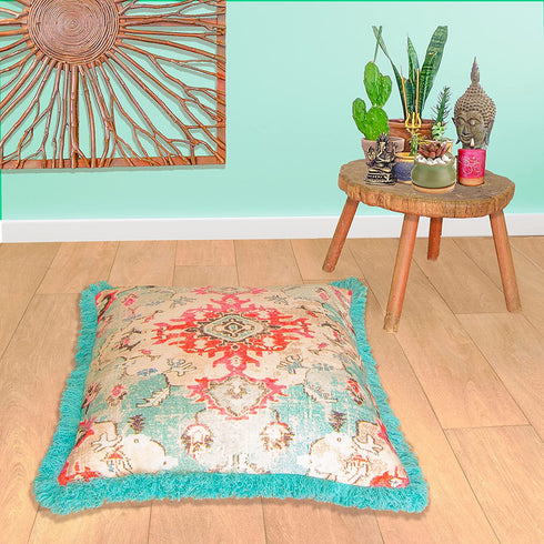 Mandala Life ART Square Meditation Cushion Cover with Fringes - 26 inches - Printed Vintage Blue Cotton Boho Chic Pillow Case
