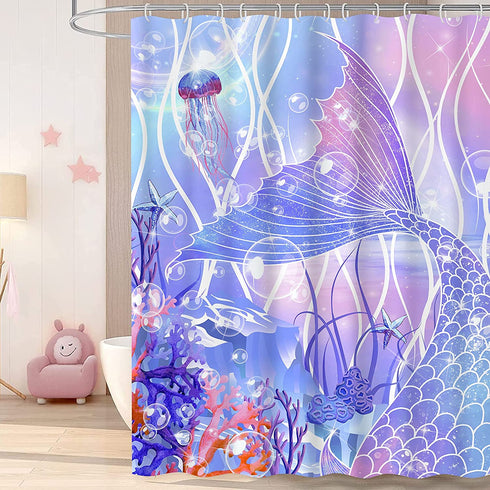 Mermaid Shower Curtain, Kids Shower Curtain for Bathroom, Colorful Ocean Beach Shower Curtain for Girls, Purple Shower Curtain with 12 Hooks, Waterproof Bathroom Shower Curtains