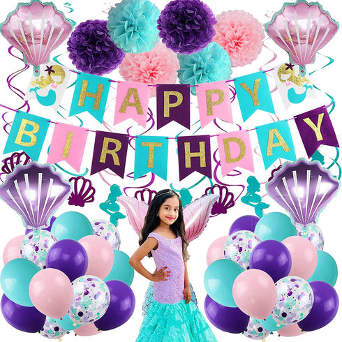 Mermaid Party Supplies Birthday Decorations, Happy Birthday Banners, Pom Poms Flowers, Hanging Swirl, Inflatable and Reusable Foil Balloons for Girl's Birthday Party and Baby Shower Party Decorations