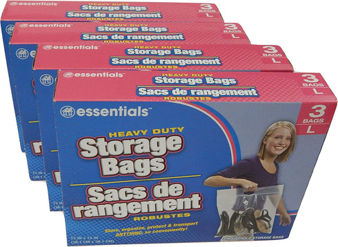 essentials(TM) Heavy Duty Clear Plastic Storage Bags w/ Zip-Lock & Carry Handle, 3-Count Large (Pack of 4)
