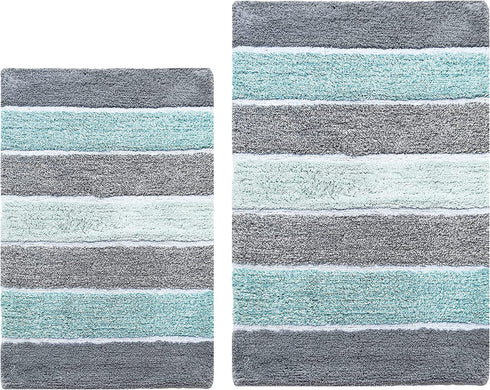Chardin Home Cordural Stripes Bath Mat, Set of 2 Bath Rugs (17 Inches x24 Inches & 21 Inches x34 Inches) | Non Slip Bathroom Rug, Machine Washable, Plush, Highly Absorbent | Mint Green & Grey
