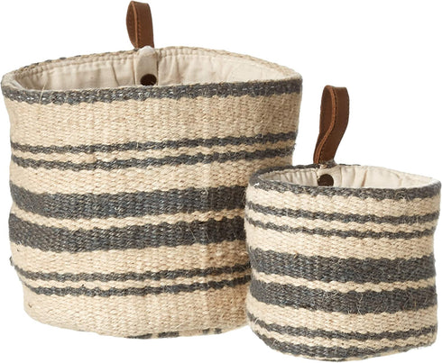 Creative Co-Op DA8007-1 Cream & Blue Striped Jute Wall Baskets with Leather Loops (Set of 2 Sizes)
