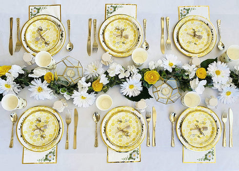 Bumble Bee Tableware Party Decorations | Paper Plates, Napkins, Beverage Cups | Baby Shower Gender Reveal Neutral Supplies, Birthdays and Weddings, Honeycomb, Yellow Floral, Gold Foil, Serves 16