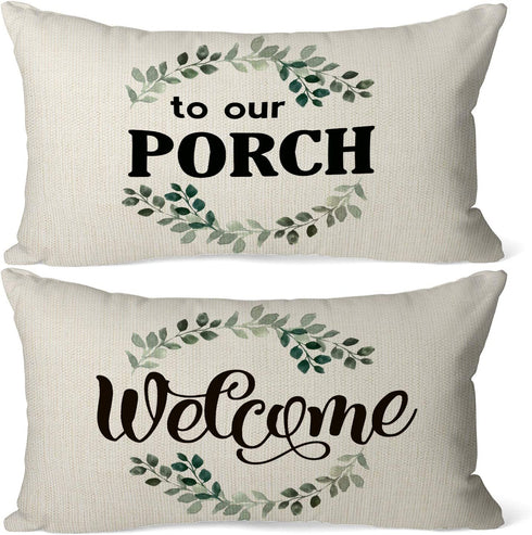 Welcome to Our Porch Linen Throw Pillow Case, 20 x 12 Inch Set of 2, Farmhouse Porch Bench Gift,Welcome Lumbar Decorative, Porch Decor Cushion Cover for Sofa Couch Bed