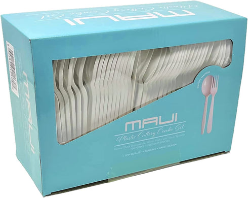 MAUI Plastic Forks And Spoons- Heavy Duty Disposable 100 Forks & 100 deep wide Soup Spoons(Set of 200 Total) - Strong Heavyweight Easy to Open Set - Good For Gathering & Parties Hard To Break by"Maui