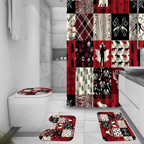 juwute 4 Pcs Retro Woodland Shower Curtain Set with Rugs, Buffalo Plaid Forest Wildlife Animal Toilet Lid Cover Bath Mat,Farmhouse Shower Curtain for Boys Girls Home Bathroom Decor 72x72Inch,Red/Black