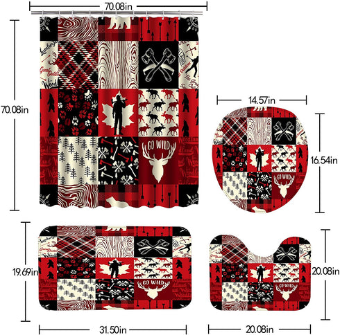 juwute 4 Pcs Retro Woodland Shower Curtain Set with Rugs, Buffalo Plaid Forest Wildlife Animal Toilet Lid Cover Bath Mat,Farmhouse Shower Curtain for Boys Girls Home Bathroom Decor 72x72Inch,Red/Black