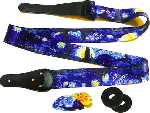 Van Gogh "Starry Night" Guitar Strap Christmas Gift Includes 2 Strap Locks & 2 Matching Picks. Adjustable Guitar Strap - Stocking Stuffer for Men Women Guitarist for Bass, Electric & Acoustic