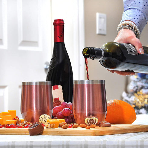 Carpe 12 oz Stemless Insulated Wine Glass Tumbler with Sliding Lid and Straw, Spill Proof Stainless Steel Double-Wall Wine Tumbler Cups for Champaign, Cocktail, Coffee, Drinks, Set of 2 (Rose Gold)