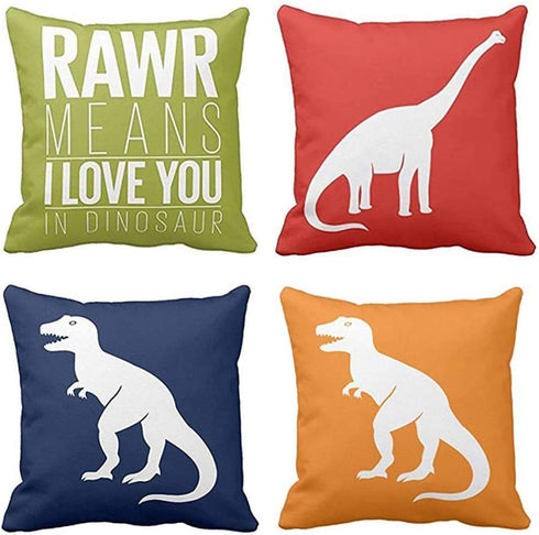 Emvency Set of 4 Throw Pillow Covers Dinosaur Tyrannosaurus in Rawr Brachiosaurus Red Navy Blue Prehistoric Paleontologist Decorative Pillow Cases Boys Room Home Decor Square 18x18 Inches Pillowcases
