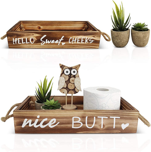 Nice Butt Bathroom Decor Box & Artificial Plants (Bundle): 2 Funny Sayings, Hello Sweet Cheeks Bathroom Box, Bathroom Organizer, Toilet Paper Holder, Farmhouse Decor, 2 Plants Included, Brown