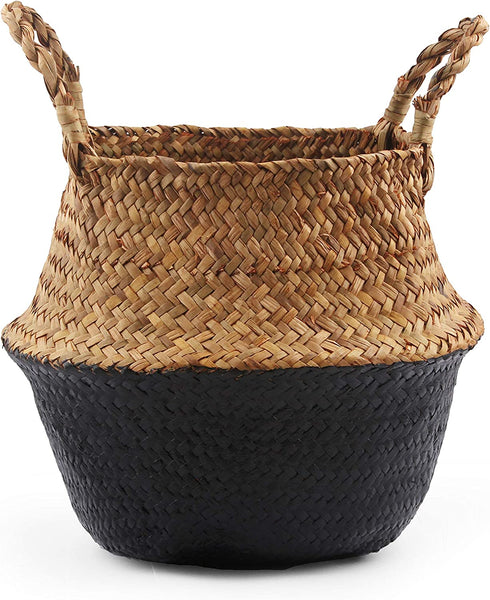 BlueMake Woven Seagrass Belly Basket for Storage, Laundry, Picnic, Plant Pot Cover, and Grocery and toy storage (Medium, Black)