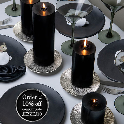 JEZZEJ Silver Pillar Candle Holder Set of 2 - Candle Holders for Table Centerpiece - Candle Holders for Pillar Candles - Handmade in India Candle Stand - Large Candle Plate to Protect Surface