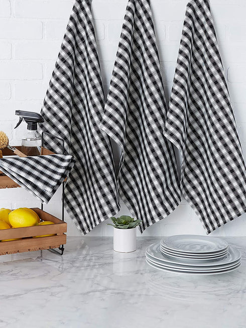 DII French Check Kitchen Collection Decorative Oversized Cotton Dishtowels, 18x28, Black/White, 4 Piece