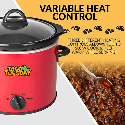 Taco Tuesday 4-Quart Fiesta Slow Cooker With Tempered Glass Lid, Cool-Touch Handles, Removable Round Ceramic Pot, Red