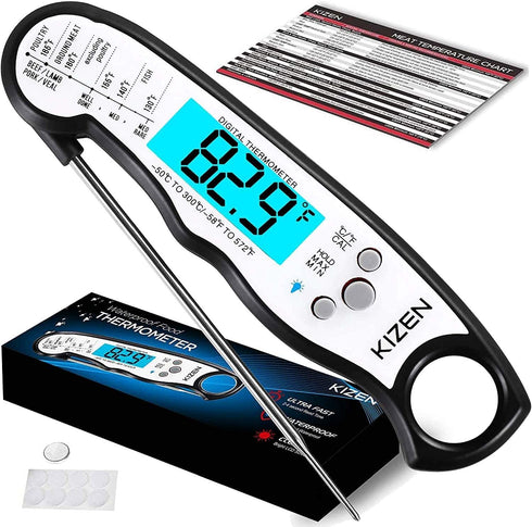 KIZEN Digital Meat Thermometer with Probe - Waterproof, Kitchen Instant Read Food Thermometer for Cooking, Baking, Liquids, Candy, Grilling BBQ & Air Fryer - Black/White