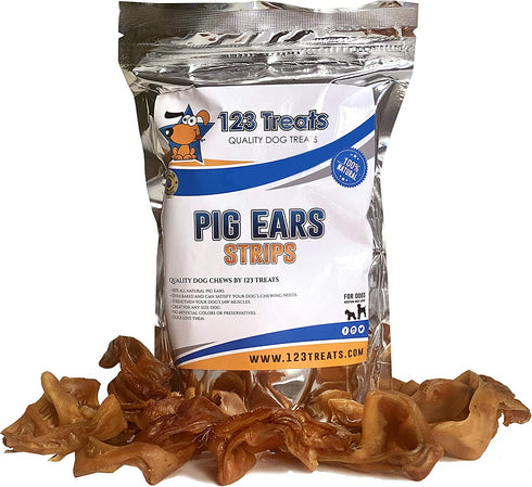 123 Treats - Pigs Ears Strips for Dogs 8 Oz Dog Treats Bag - 100% Natural Pigs Ear Slivers Chews Full of Protein Snacks Made in Brazil