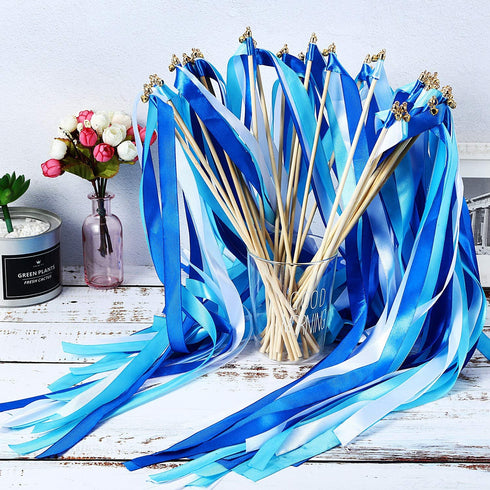 40 Pieces Mix Color Ribbon Wands Sticks with Bell Fairy Stick Party Streamers for Wedding Party (White, Blue, Light Blue)