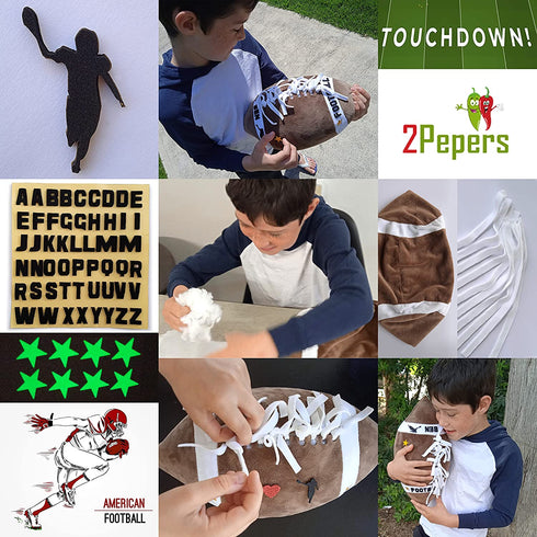 2Pepers Make Your Own American Football Pillow, Arts and Crafts Kit for Kids, Toy Gifts for Boys and Girls Ages 3 4 5 6 7 8 9 10 Years and Up (No Sewing Needed), DIY Stuffed Football Pillow Project.