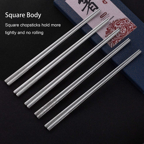 Metal Chopsticks Reusable 18/10 Stainless Steel Chopsticks Multipack Dishwasher Safe Chop Sticks Square Fancy Laser Engraved Non-slip Korean Chopstick for Cooking Eating 9.45 Inches 5 Pairs Gift Set