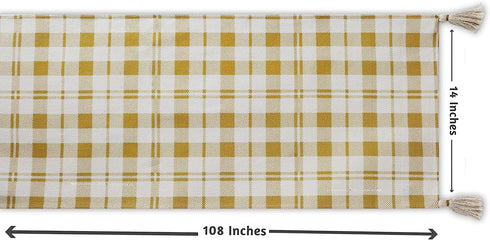 Folkulture Gingham Table Runner with Tassels for Home Dining Table, Farmhouse Style D©cor or Kitchen, 100% Cotton Linen Yellow Sand Boho Table Runner, 14 x 108 inch Long