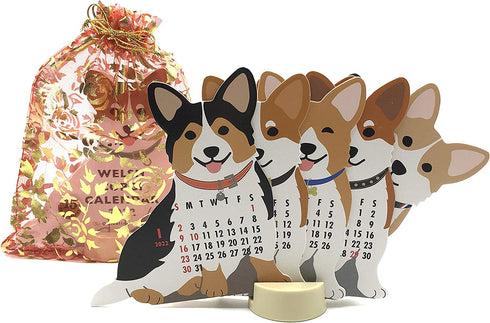 Greeting Life Inc. Welsh Corgi 2022 Die-cut Desktop Calendar 4 in. W x 4.5 Tall with Red Organza Pouch
