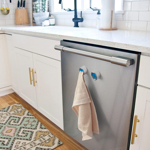 RICHYN Kitchen Towel Hooks Blue €“ Set of 2 self Adhesive Towel Hook €“ Premium Chrome Finish & Easy Installation €“ Firmly Holds Towel Without Tearing €“ Ideal as Bathroom, Outdoor Towel Holders