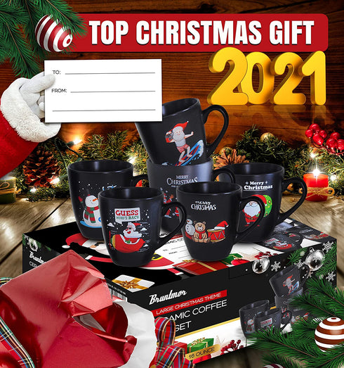 Coffee Mugs Set of 6 Large-sized 16 Ounce Christmas Holiday Ceramic Mug - Holiday Coffee Mug Funny Novelty Mugs Decorative Christmas Gift, Christmas Matte Black