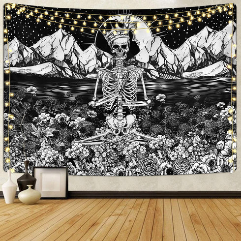 Skull Floral Tapestry Meditation Skeleton Tapestry Mountain Wave Tapestry Moon and Star Tarot Tapestry Starry Black and White Tapestry(59.1 x 82.7 inches)